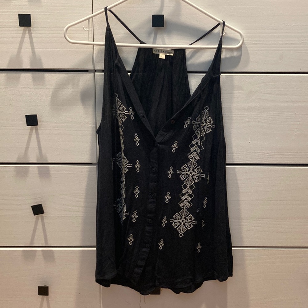 Artisan NY navy blue racerback gauzy top with white & silver embroidery detail